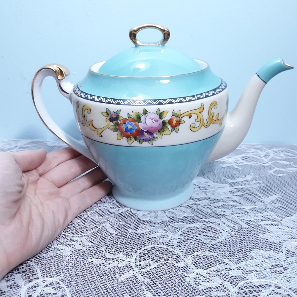 Antique Ca 1920 Noritake Teapot Turquoise Blue Floral Roses White Gold Vintage - Picture 2 of 13